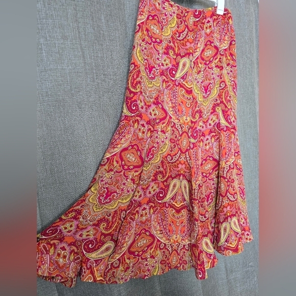 Vintage Talbots Sz 8 100% Silk Skirt Orange Yellow Lined Maxi Paisley Fit Flare - Picture 2 of 5